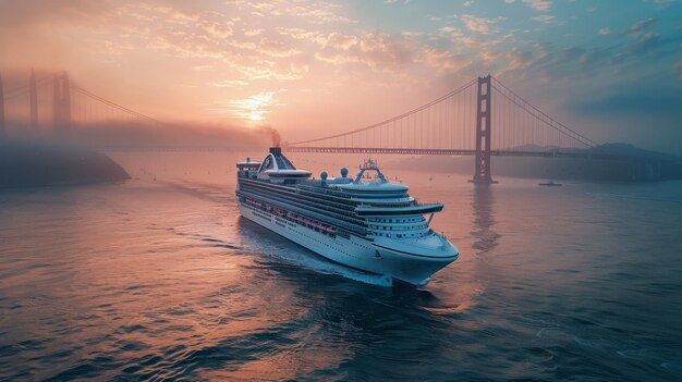 Cruise Ship Sailing Near Bridge