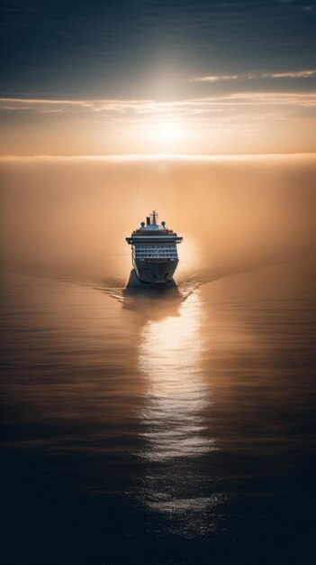 A cruise ship sailing in the ocean at sunset Generative AI image