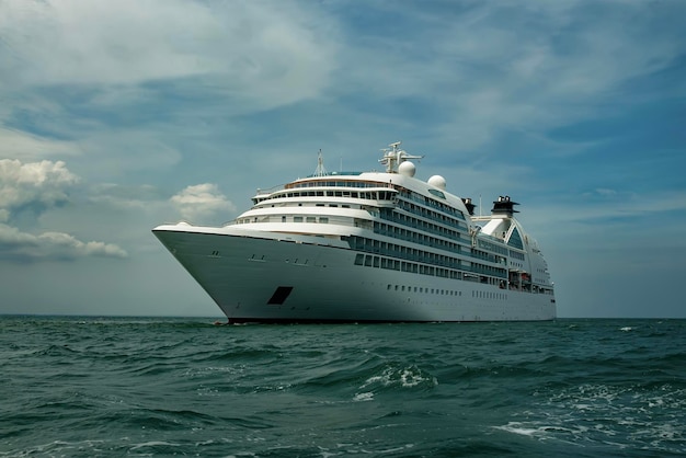 Cruise Ship Sailing on the Ocean with Cloudy Sky