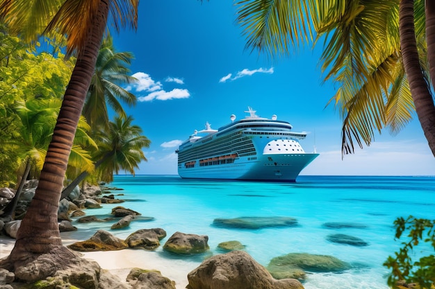 Cruise ship sailing serenely past a lush tropical island paradise stunning view
