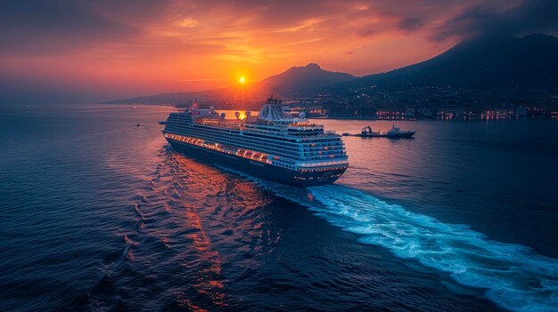 Cruise Ship Sailing at Twilight with Volcanic Mountain Backdrop