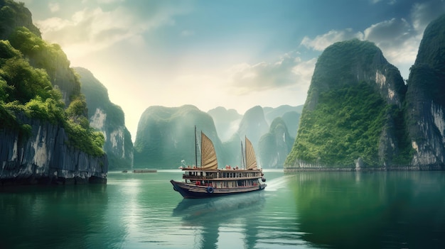 A Cruise Ship In The Stunning Halong Bay In Vietnam With Towering Limestone Cliffs Generative AI