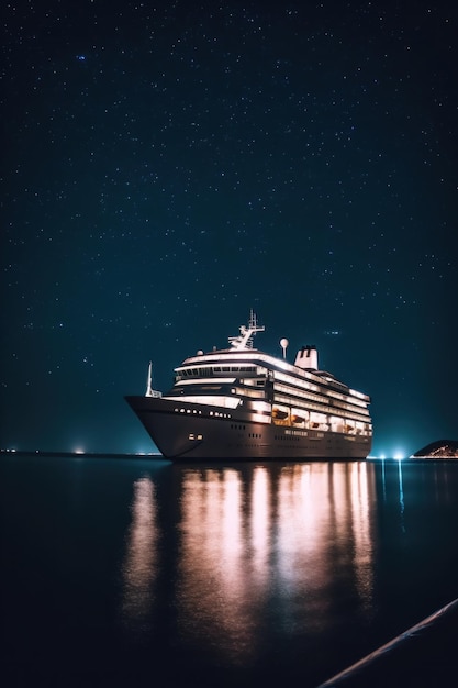 A cruise ship in the water at night Generative AI image