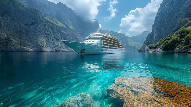 Photo a cruise ship in the water with mountains in the background