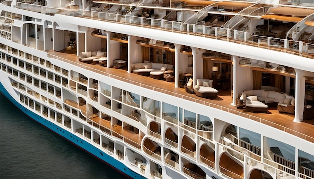 a cruise ship with a blue and white body of water