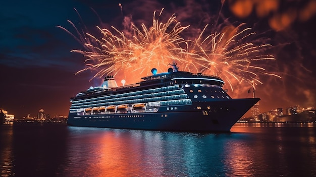 Photo cruise ship with fireworks in the night sky 3d rendering