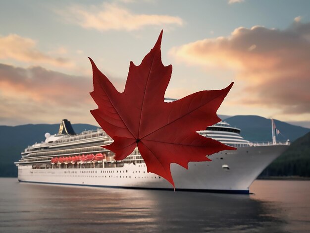 A cruise ship with a large red maple leaf on the side