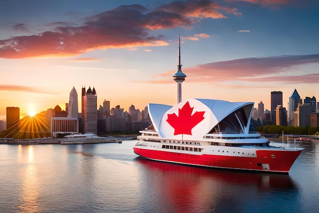 Photo a cruise ship with a large red maple leaf on the side.