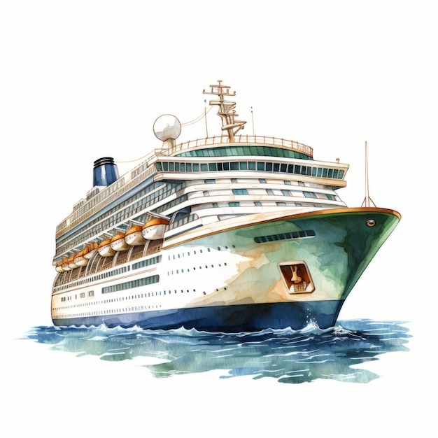 Cruise ship with palm trees Watercolor illustration Isolated on white background