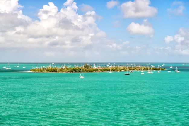 Cruise touristic boats or yachts floating near island with houses and green trees on turquoise water and blue cloudy sky, yachting and sport, traveling and vacation, Key West Florida, USA