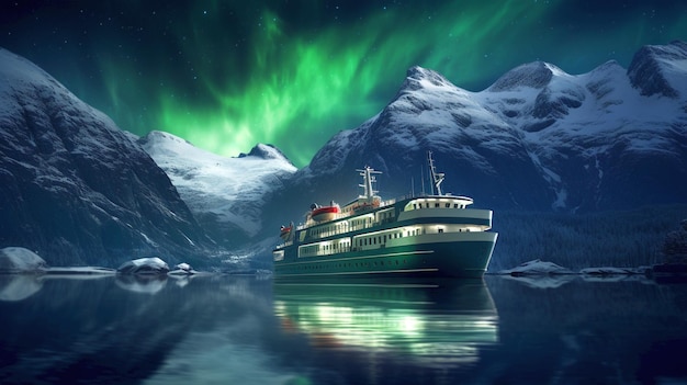 Cruiser in Norge fjord 's nachts en in de lucht kan je de Aurora Borealis zien