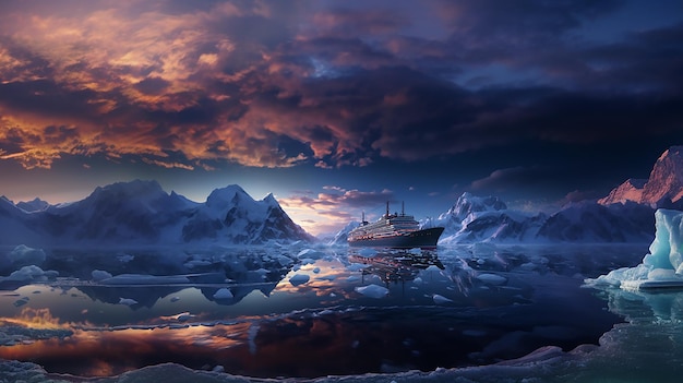 Foto cruiseschip in antarctica bij zonsondergang