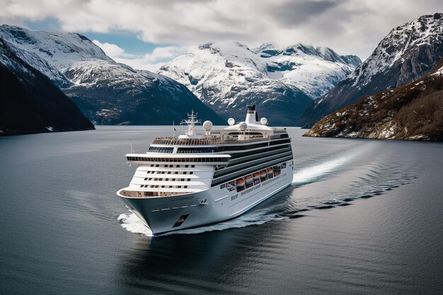 Cruiseschip zeilen in mistige fjord tussen stijgende bergen Generatieve AI