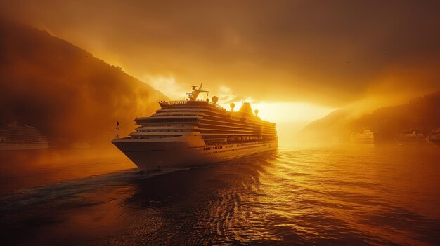 Cruiseschip zeilt in de oceaan bij zonsondergang