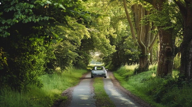 Круиз в электрическом автомобиле по деревенской тропе, обрамленной деревьями с пышной листвой.