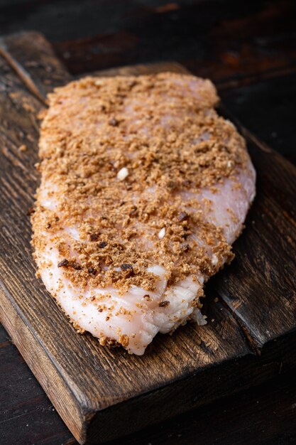 Crumbed uncooked chicken breasts ingredient, on wooden table