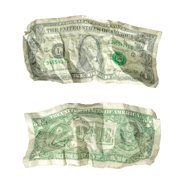 Crumbled One USA dollars banknote front and back backside detailed coupure isolated on white