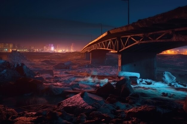 Crumbling bridge at night stretching over a driedup riverbed with green liquid is chemical emissions