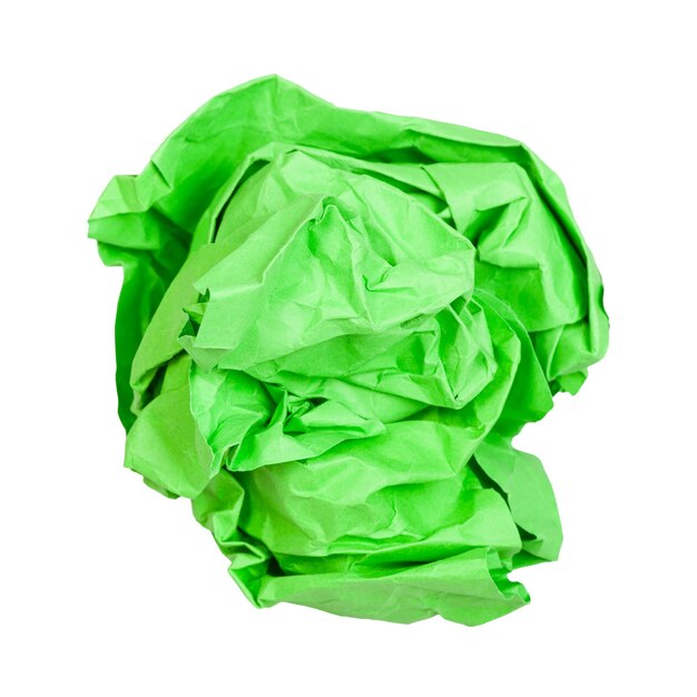 Photo crumpled ball from green paper isolated on white