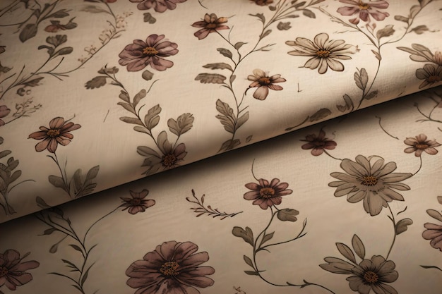 Crumpled beige fabric with floral pattern closeup view ai generative