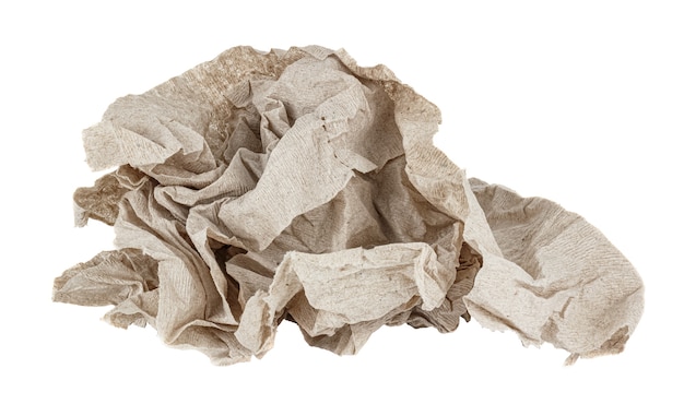 Crumpled cheap grey toilet paper isolated on white