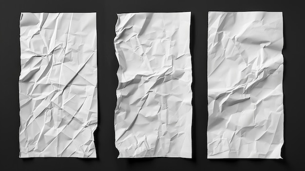 Crumpled and creased white folded paper poster set isolated on black