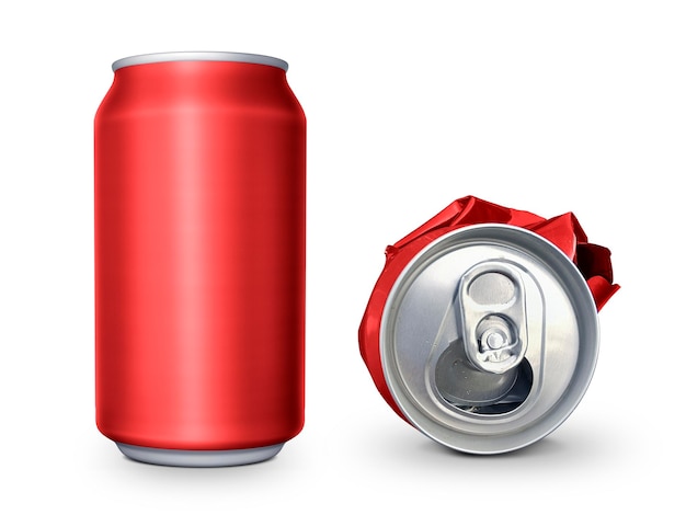 Crumpled empty blank soda and beer can garbage Crushed junk can can recycle isolated on white background