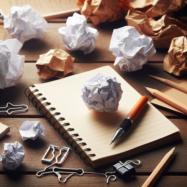 crumpled paper ball and notepad on wooden table