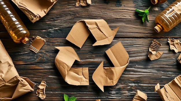 Crumpled paper recycle symbol against a background of brown paper Concept of ecorecycling Generative