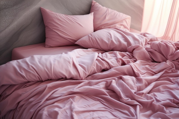 Crumpled pink bed linen with pillows and blankets