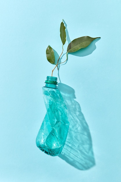 Foto bottiglia di plastica sgualcita e ramoscello di foglia verde con ombre trasparenti su una parete blu pastello, posto per il testo. concetto ambiente inquinamento della plastica.