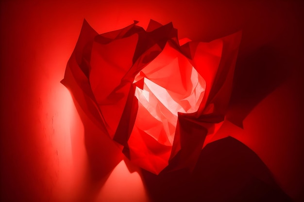 A crumpled sheet of paper illuminated by a vibrant red light generated by Ai