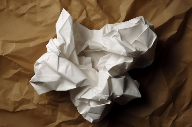 A crumpled up ball of paper is on a brown bag.