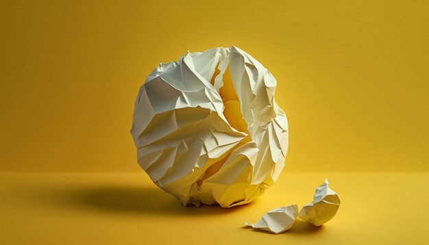 Crumpled white paper ball isolated on yellow background Generative AI