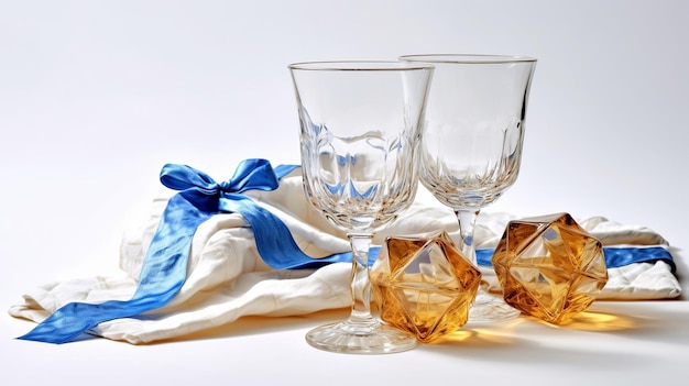 Crumpled wrapping and empty wine glasses on white generative Ai