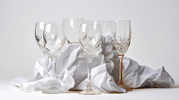 Crumpled wrapping and empty wine glasses on white generative Ai