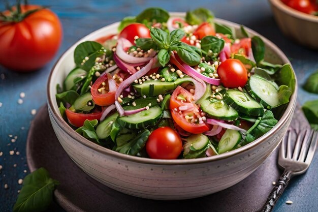 Foto una ciotola di verdure vivace piena di un'insalata colorata e nutriente