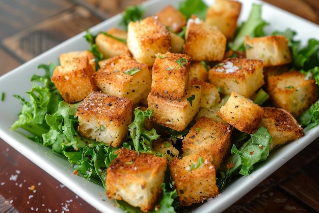 Photo crunchy croutons on fresh salad plate