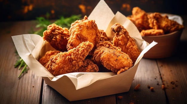 Crunchy fried chicken thighs as a take away food inside a paper box ready for delivery Generative AI