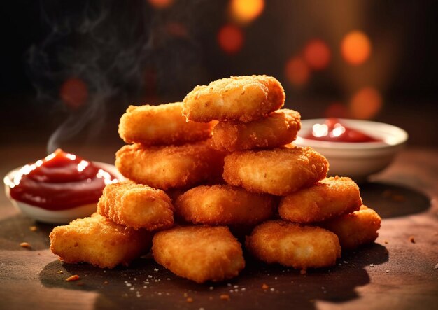 Crunchy organic chicken nuggets with ketchup on dark backgroundmacroai generative