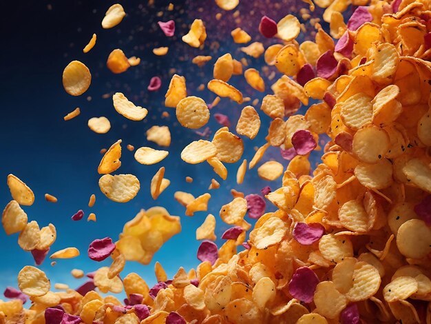 Crunchy potato chips flying by ai generated