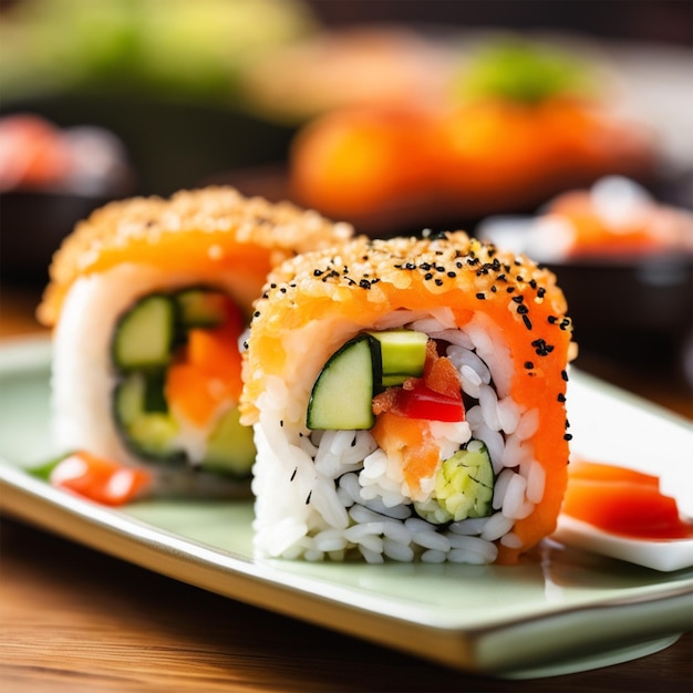 Crunchy roll sushi dish set with soy sauce and chopsticks on wooden serving board generative ai