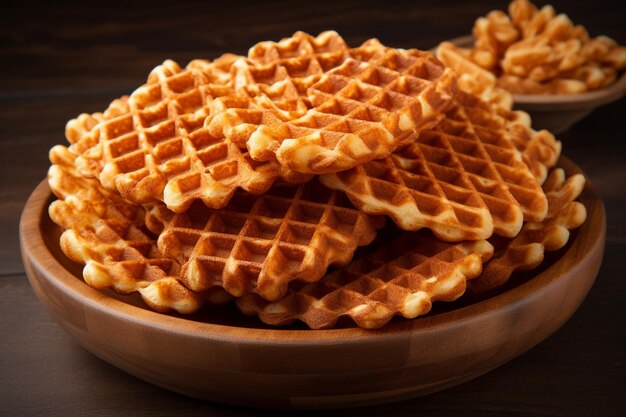 Crunchy vanilla waffles in wooden bowl