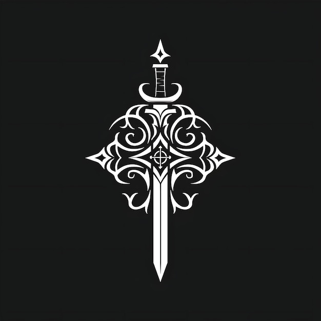 十字軍騎士のヘラルディックロゴ 十字架と剣の装飾 Tシャツ タトゥーインク アウトライン CNC デザイン