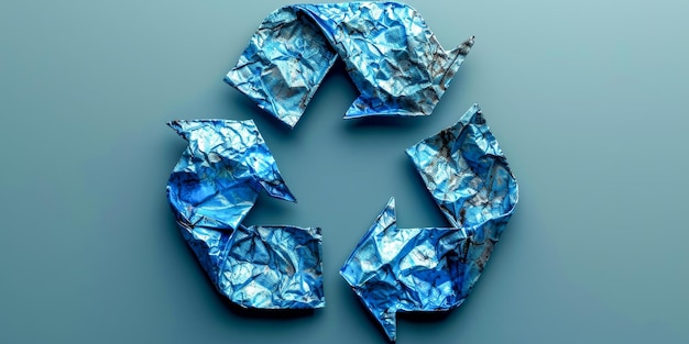 写真 crushed blue recycling symbol on grey background