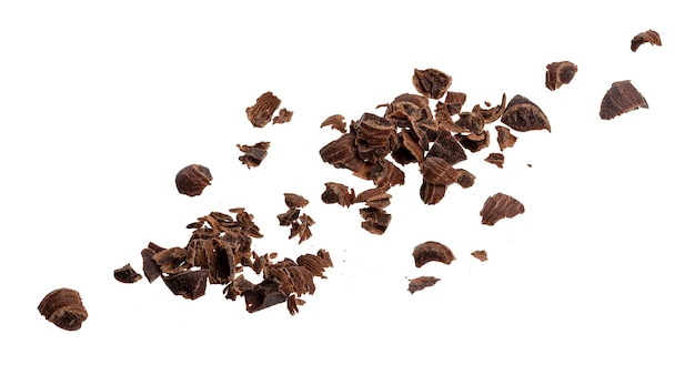 Crushed chocolate. Pile of ground chocolate isolated on white background with clipping path, closeup