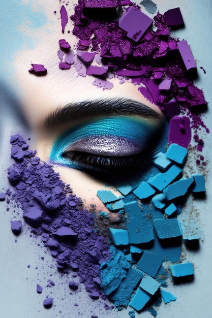 Crushed eyeshadow texture Neon palette makeup concept on face Generative AI