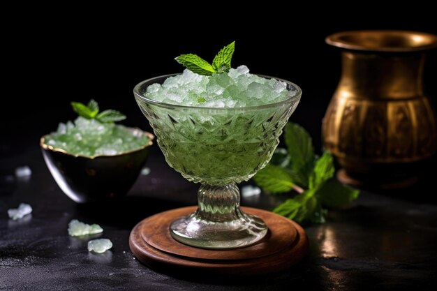 Crushed ice and mint in a glass ready for mojito mixing created with generative ai