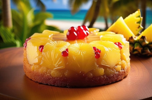 写真 ハワイのレストランで粉されたアナナス逆転ケーキ パームの木 海 熱帯の休日の朝食