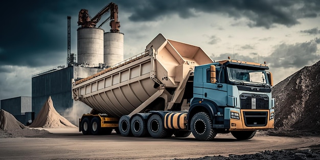 Crushed stone and gravel are transported by a large dump truck parked near a concrete business